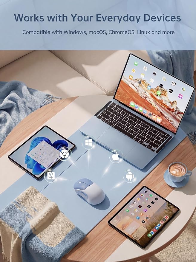 hunart H6 49g Wireless Mouse, Bluetooth & 2.4GHz Rechargeable Mouse, Lightweight Silent Ergonomic Mouse with USB-C Charging, Portable Right-Hand Mouse for Laptop, PC, MacBook, Office (Blue)