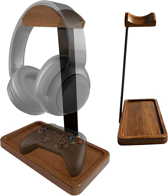 Solid Wooden Headphone Holder, 2-in-1 Universal Headphone Stand with Storage Tray for Desk, Headset Stand for Gaming Table Compatible with Airpod Max, Bose,Sennheiser, JBL, AKG(Wood Arc Top)
