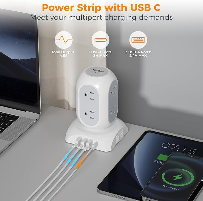 TESSAN Surge Protector Power Strip Tower, Flat Plug Extension Cord 10 Ft with 8 AC Multiple Outlets 4 USB Ports (1 USB C), 1050J Protection Desk Charging Station for Home, Office, Dorm Room, Gray