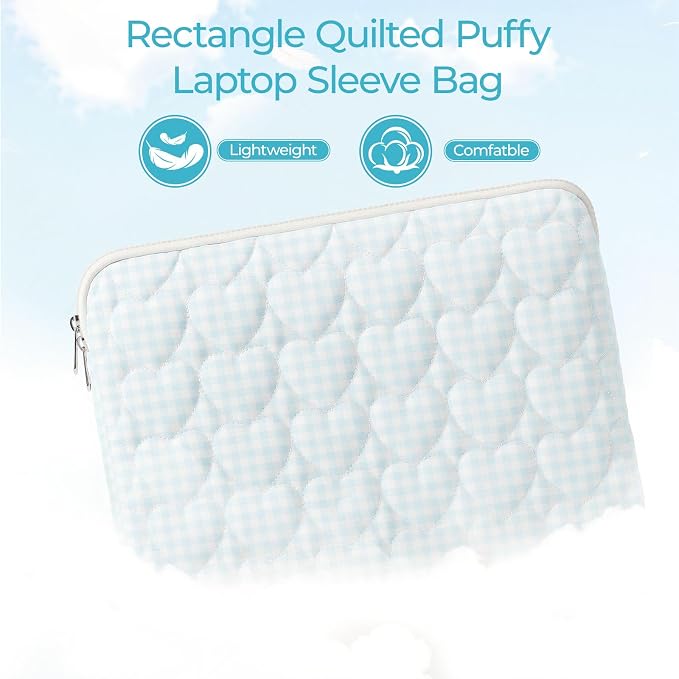 13-14 inch Cotton Quilted Laptop Sleeve for Women, Aesthetic Puffy Laptop Case Carrying Bag Compatible with MacBook Air/Pro 13/Pro 14, Soft Computer Liner Bag (Blue Gingham, 13.3inch)
