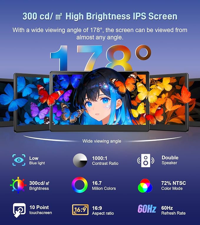 13.3" inch Portable FHD 1080P Touch Screen Monitor with HDMI VGA Port, Touchscreen Display Support VESA Mount, Small IPS Home Industrial Monitor for PC Laptop MacBook