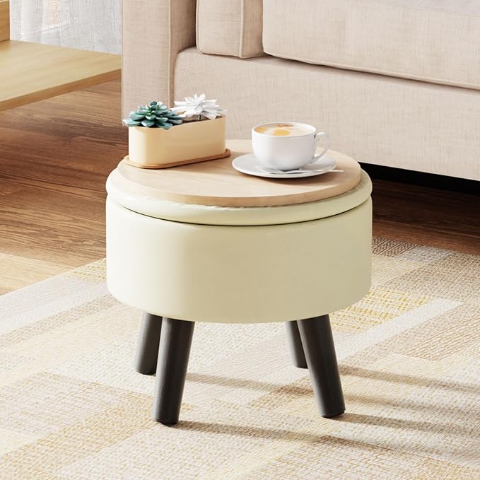 Small Foot Stool Ottoman with Storage, Faux Leather Ottoman Foot Rest for Couch, Round Footstool Ottomans for Living Room (White)