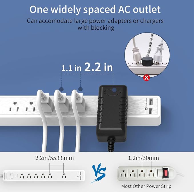 Extension Cord 15 ft, 6 Outlets Outlet, Heavy Duty Long Power Strip Flat Plug, 1875W Flat Plug, Widely Spaced Outlet, Wall Mount for TV Dorm Office Home Theater, White