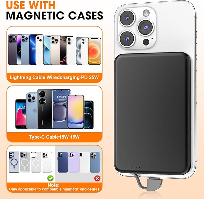 for MagSafe Portable Charger, 0.3" Ultra Slim 5000mAh Magnetic Power Bank, 25W PD Fast Charging Battery Pack with Built-in Cable, Travel Battery Bank for for iPhone 16/15/14/13/12 Grey