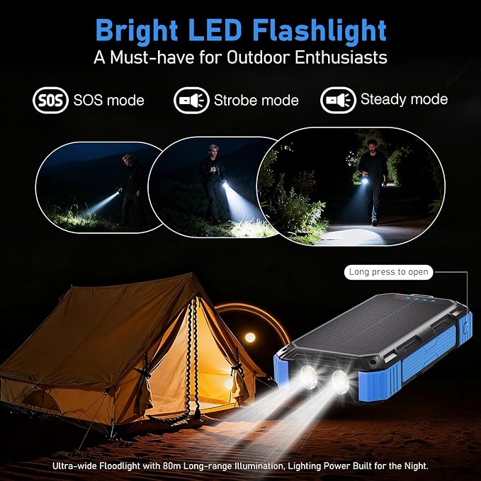 Solar Charger Power Bank 49800mAh, 22.5W PD Fast Charging Portable Phone Charger Built-in 4 Cables with USB C, Wireless Charger for Phone, Dual Flashlights, Solar Battery Charger for Outdoor Camping