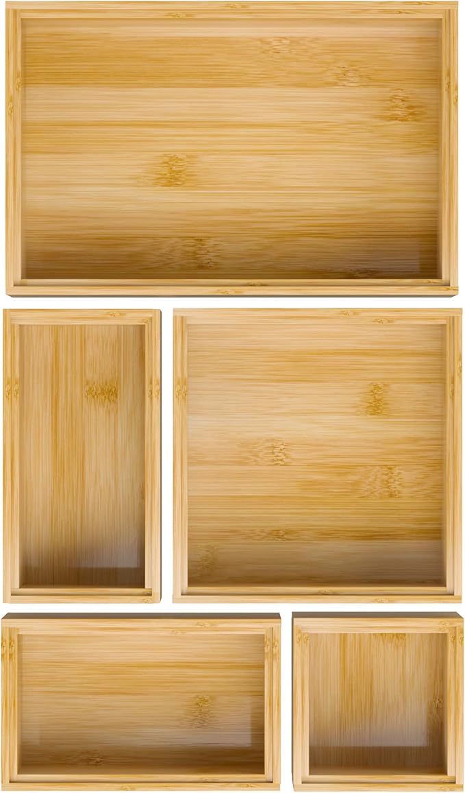 Bamboo Bathroom Drawer Organizer Dividers, Wooden Kitchen Utensil Holder Set of 5, Stackable Junk Drawer Organizer Tray, Multi-Use Storage Bins Boxs for Home, Office, Clothing, Makeup, Jewelry