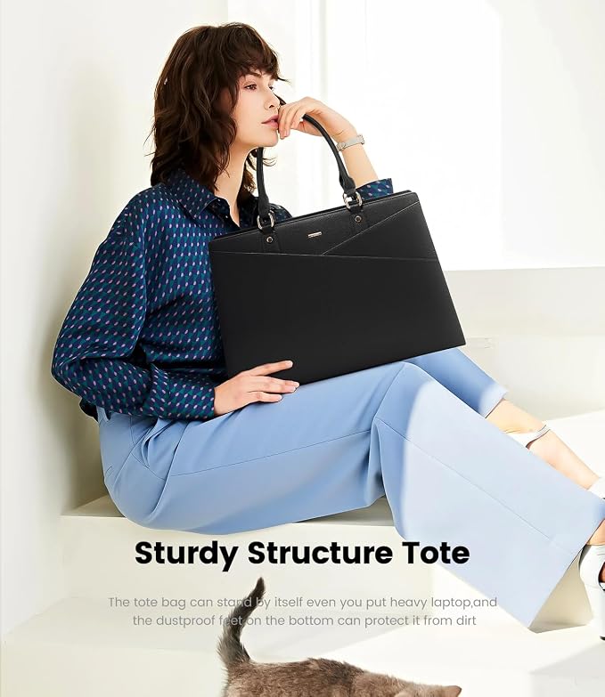 LOVEVOOK Laptop Tote Bag for Women, Leather Business Office Work Bag Computer Briefcase with Small Clutch fit for 17.3 Inch Laptop,Black