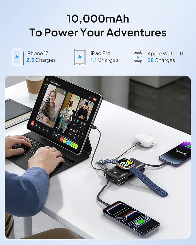 Portable Charger with Built-in Cables & Wall Plug, 10000mAh Power Bank, 5 Outputs 22.5W USB C Fast Charging, Mini Travel Essentials Battery Pack for iPhone 17/16/15/14, Apple Watch Ultra/11/10/9/8/SE