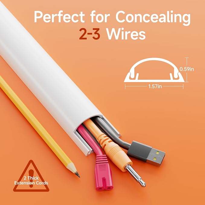 Delamu 85in Adhesive Cord Hider Wall, Mounted TV Cord Cover Kit, Multiple Cable Raceways for Wall Corner, Wire Cover Hiders for 2-3 Cables, 1.57" W X 0.59" H, White