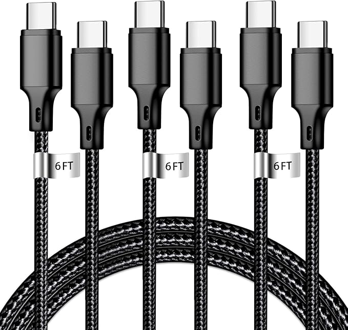 USB C to USB C Charger Cable, 3Pack 6FT Type C Fast Charging Cord Compatible for iPhone 15/16/17/Pro/Max/Plus, iPad Pro Air Ps5 Controller Samsung Galaxy - Black