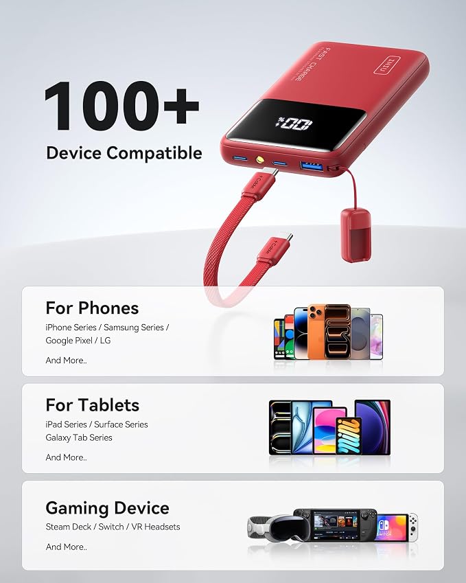INIU Small Portable Charger, 45W PD Fast Charging 10000mAh Power Bank, Battery Pack with Attached USB C Cable, Travel Essentials Powerbank for iPhone 17 16 15 14 Pro Air, Xiaomi, Samsung S25, Red