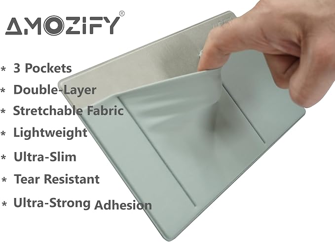 AMOZIFY® 3-Pocket Organizer, Mouse Holder for Laptop Stick On, Adhesive Pouch & External Hard Drive Sleeve, SSD Storage Case for MacBook, Reusable (Gray)