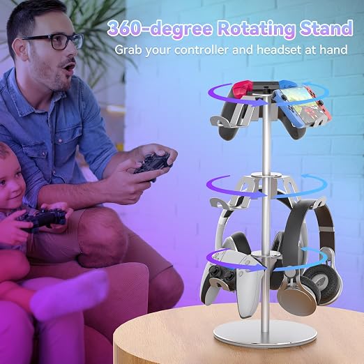 Controller Stand Compatible with Xbox PS5 PS4 Nintendo Switch Pro, 3 Tier Aluminum Gaming Headset Stand, Rotatable Headphone Controller Holder Organizer Rack, Universal & Large Capacity, Silver