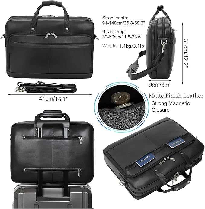 Masa Kawa Leather Briefcase for Men 17/15.6" Laptop Crossbody Shoulder Messenger Bag Business Travel Work Attache Case