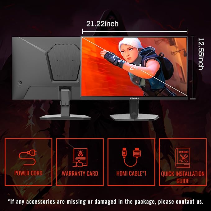 SANSUI Gaming Monitor, 24 Inch 180Hz, FHD 1080P 1ms 110% sRGB Computer Monitor, HDMI DP Ports VESA Support for Game Office (HDMI Cable Included)