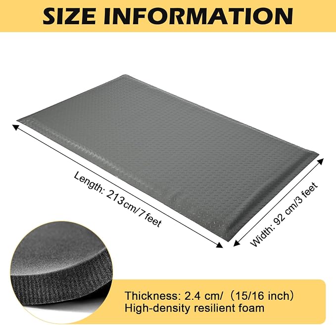 3 x 7 FT Anti Fatigue Mats Industrial 15/16 Inch Thick Soft Sponge Ergonomic Mat Durable Heavy Duty Diamond Plate for Standing Non Slip Industrial Grade Floor Mat for Leg & Back Pain (Gray)