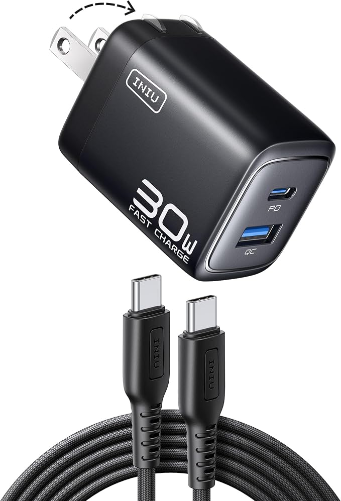 INIU USB C Charger Block, 30W PD QC GaN Fast Charging with 5FT Type C Cable & Advanced Protection, Wall Charger with Foldable Plug for iPhone 17 16 15 Pro Max iPad, Samsung S26 S25 Ultra, Pixel 10 9