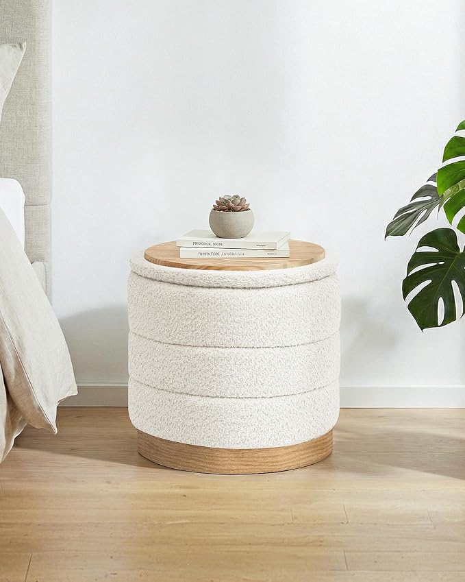 B FSOBEIIALEO Round Storage Ottoman with Tray, Folding Ottoman with Storage Coffee Table Foot Rest for Dorm Room Living Room Chenille Fabric,White,15.35"x15.35"x14.57"