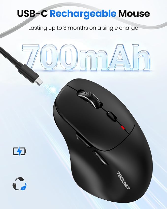 TECKNET Wireless Mouse Bluetooth 5.0/3.0 & 2.4G Rechargeable, Silent Clicks, Adjustable 4800 DPI, 6 Buttons, Ergonomic Design, Bluetooth Mouse for Laptop, Computer, ipad