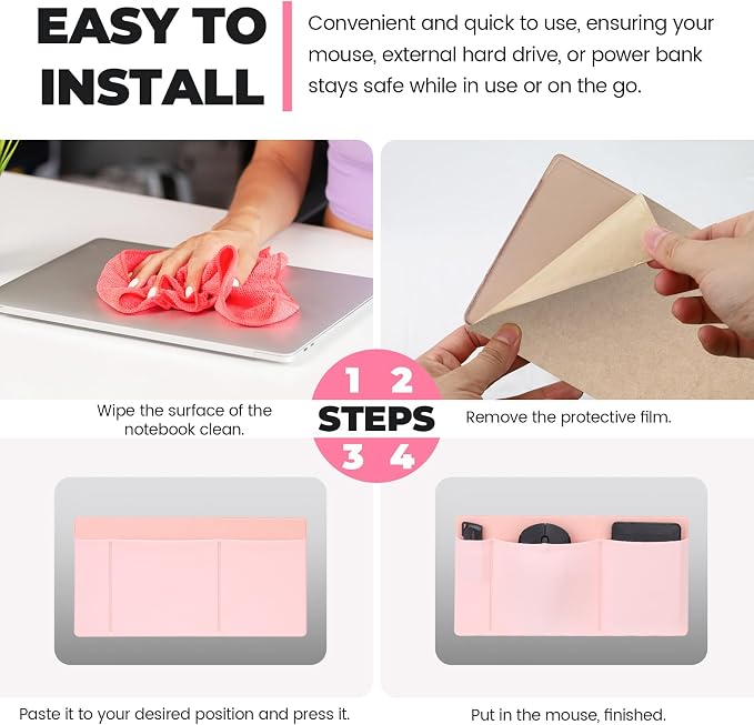 3-Pocket Laptop Pouch for Mouse & Hard Drive, Adhesive Holder Case Elastic Sleeve Pocket for External Portable SSD, Phone, USB Cable, Pen, Pink