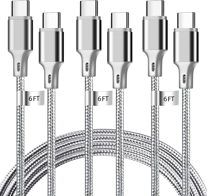 USB C to USB C Charger Cable, 3Pack 6FT Type C Fast Charging Cord Compatible for iPhone 15/16/17/Pro/Max/Plus, iPad Pro Air Ps5 Controller Samsung Galaxy - Gray