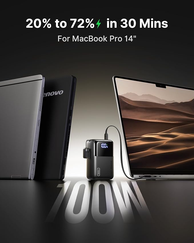 INIU 100W Fast Charging Power Bank, Smallest 25000mAh High Capacity Laptop Portable Charger, 3-Port Battery Phone Pack with Detachable USB C Cable for Flight-Safe Travel Camping, Metallic Black