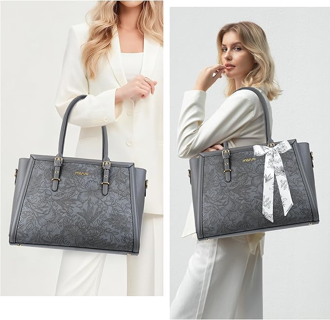 MOSISO Laptop Bag for Women, 15.6-16 inch PU Leather Tote Bag Compatible with MacBook, HP, Dell, Asus Notebook, Front Embossed Retro Hibiscus Computer Bags with Silk Scarf&Clutch Purse, Gray