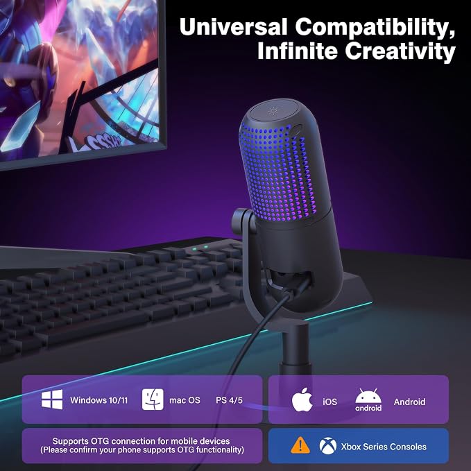 USB Microphone for PC Gaming,Streaming&Podcast,Plug & Play RGB Desktop Mic with One-Touch Mute,Cardioid Noise-Canceling Computer Mic for Twitch,YouTube,Recording on PC & Laptop(Black)