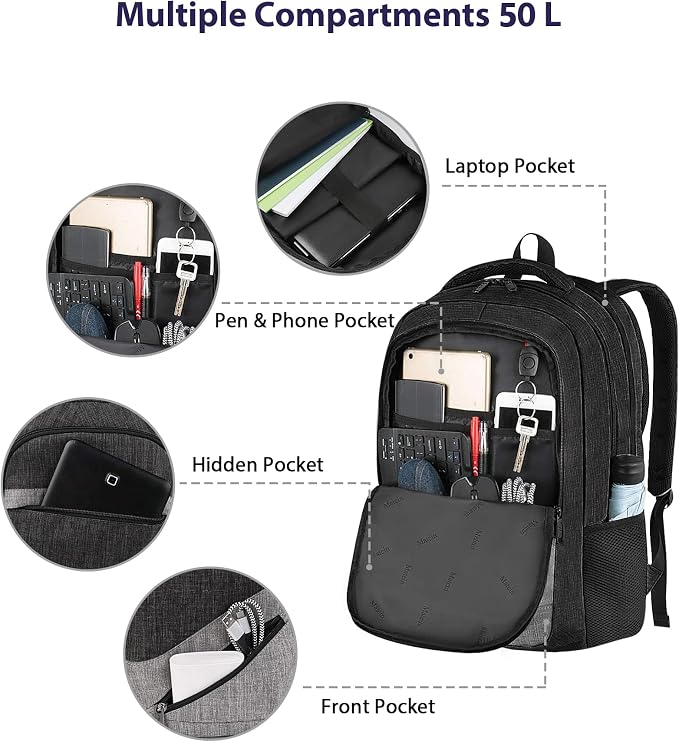MATEIN Extra Large 50 L Travel Laptop Backpack, Water Resistant Work Computer Backpack with Anti Theft Pocket, TSA Friendly Business Daypack with Multiple Organizer Pockets for Men, Black Grey