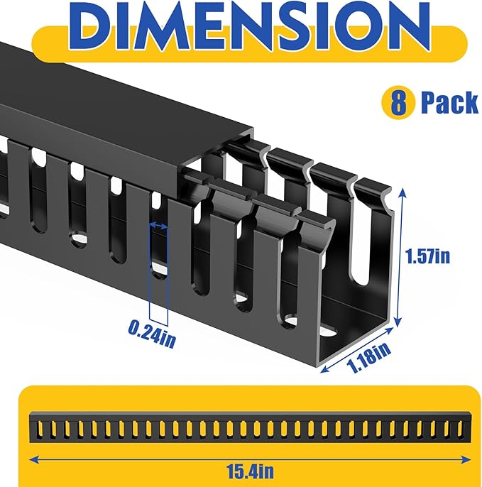 Open Slot Wiring Raceway Cable Duct, 123in Cable Management Channel Cord Track,Desk Wire Channel, Under Desk Cable Management to Hide Cables, Wires for Computers (Black, 1.18" Hx1.57"W, 15.4''L(8 Pc))