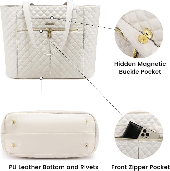 LOVEVOOK Laptop Bag for Women 17 inch,Diamond Quilted Work Tote Bags Womens Laptop Tote Bag Computer Shoulder Bags,Stylish Travel Tote Bags Laptop Purse Briefcase Handbag with Clutch Purse,Off-white