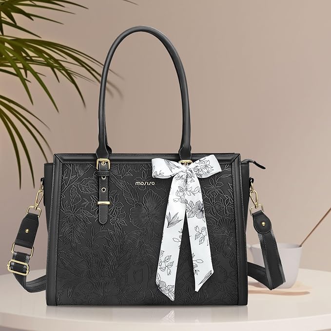 MOSISO Laptop Bag for Women, 17-17.3 inch PU Leather Tote Bag Compatible with MacBook, HP, Dell, Asus Notebook, Front Embossed Retro Hibiscus Computer Bags with Silk Scarf&Clutch Purse, Black