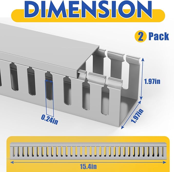 Open Slot Wiring Raceway Cable Duct, 30.8in Cable Management Channel Cord Track,Desk Wire Channel, Under Desk Cable Management to Hide Cables, Wires for Computers (Grey, 1.97" Hx1.97"W, 15.4''L(2 Pc))