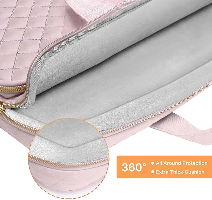 MOSISO 360 Protective Laptop Case 13.3 inch, 13-13.3 inch Laptop Sleeve Compatible with MacBook Air/Pro 13/Pro 14,HP Dell ASUS Lenovo, Square Quilted Bag Cover with 2 Pockets&Handle&Belt, Pink