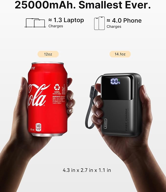 INIU 100W Fast Charging Power Bank, Smallest 25000mAh High Capacity Laptop Portable Charger, 3-Port Battery Phone Pack with Detachable USB C Cable for Flight-Safe Travel Camping, Metallic Black