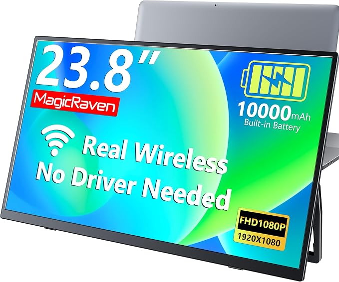 MAGICRAVEN Wireless Portable Monitor for Laptop, 23.8" Portable Monitor with Battery-1080P FHD Second Screen for Home & Office, AirPlay & Miracast Casting, No Cables or Drivers Needed