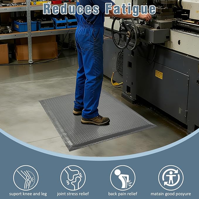 Anti Fatigue Mats Industrial 3' x 5' 15/16" Thick Ergonomic Standing Mat Commercial Kitchen Mat Heavy Duty Diamond Plate Shop Floor Mat Helps Relieve Back and Leg Soreness, Grey