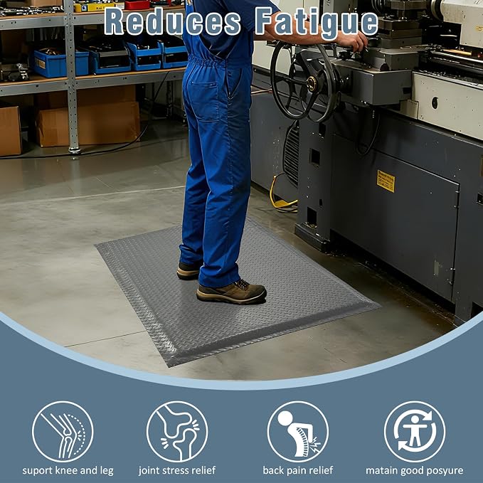 Anti Fatigue Mats Industrial 3' x 6' 15/16" Thick Ergonomic Standing Mat Commercial Kitchen Mat Heavy Duty Diamond Plate Shop Floor Mats Helps Relieve Back and Leg Soreness, Grey
