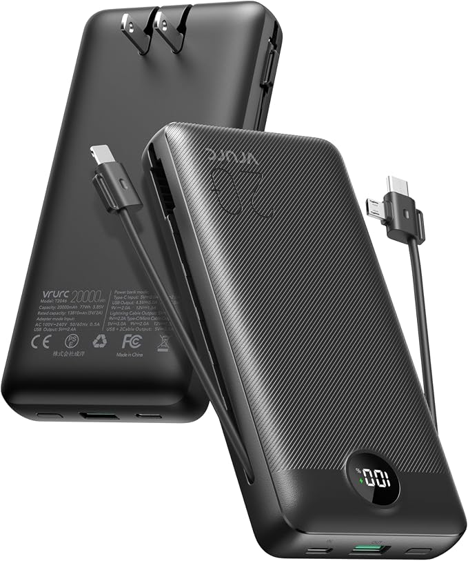 VRURC Portable Charger 20000mAh, Fast Charging Power Bank USB C,4 Output 2 Input Travel Essentials Charging Bank Equipped with LED Display,Built-in Wall Plug and Cables,Phone Charger Battery,Black