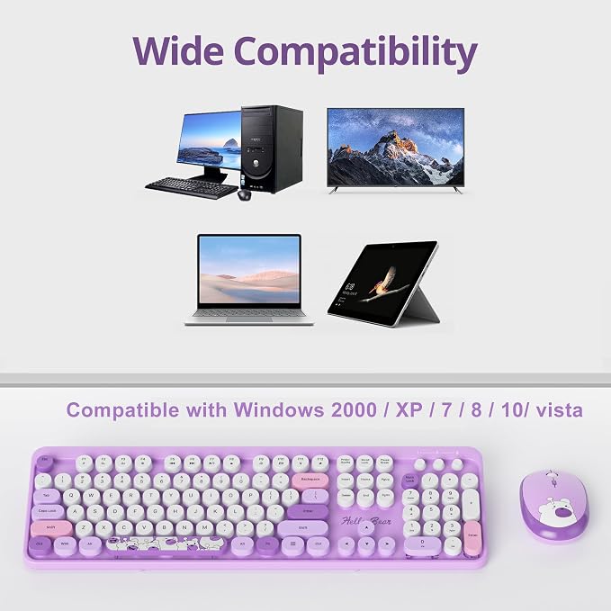 Fogruaden Wireless Keyboard and Mouse Combo 2.4GHz Retro Typewriter Keyboard, 104 Keys Full Size Round Keycap Cute Keyboard and Mouse with Number Pad, Purple Colorful Keyboard for Windows PC Laptop