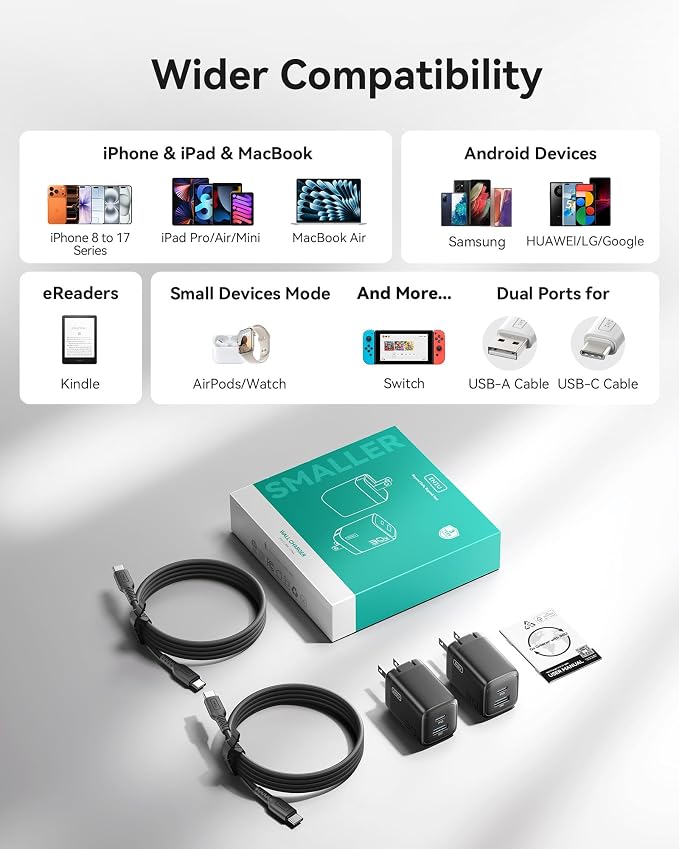 INIU Mini USB C Charger, 30W GaN Fast Charging ETL Certified Wall Adapter Block with Samrt Phone Protection, Dual Port with 5ft Type C Cable for iPhone 17 iPad Samsung Google Pixel Switch etc [2-Pack]