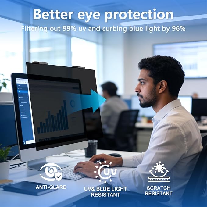 24 Inch Privacy Screen for Computer Monitor Hanging Removable Privacy Filter for 16:9 Aspect Ratio, Anti-Glare Anti-Spy Blue Light Shield, No Adhesive Easy Install 24in Computer Screen Privacy Shield (1 Pack)