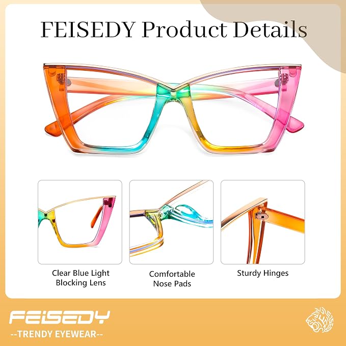 FEISEDY Fashion Cat Eye Blue Light Blocking Glasses for Women Fake Retro Eyeglasses Oversized Stylish Eyewear Frame B0240