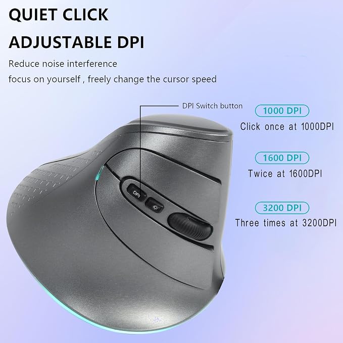 Wireless Mouse, Vertical Ergonomic Mouse 2.4G Bluetooth Dual Mode 3 DPI Rechargeable Connect Multiple Devices Vertical Mouse 6 Buttons and RGB Lights Suitable for PC Laptop Computer(Grey)