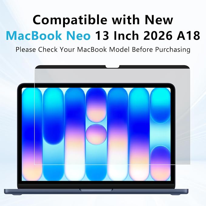 Magnetic Privacy Screen Protector for 2026 MacBook Neo 13-inch A18 Pro, Anti-Spy, Anti-Glare, Blue Light Filtering, Effectively Relieves Eye Strain, Easy to Install, Removable and Reusable for Mac Neo