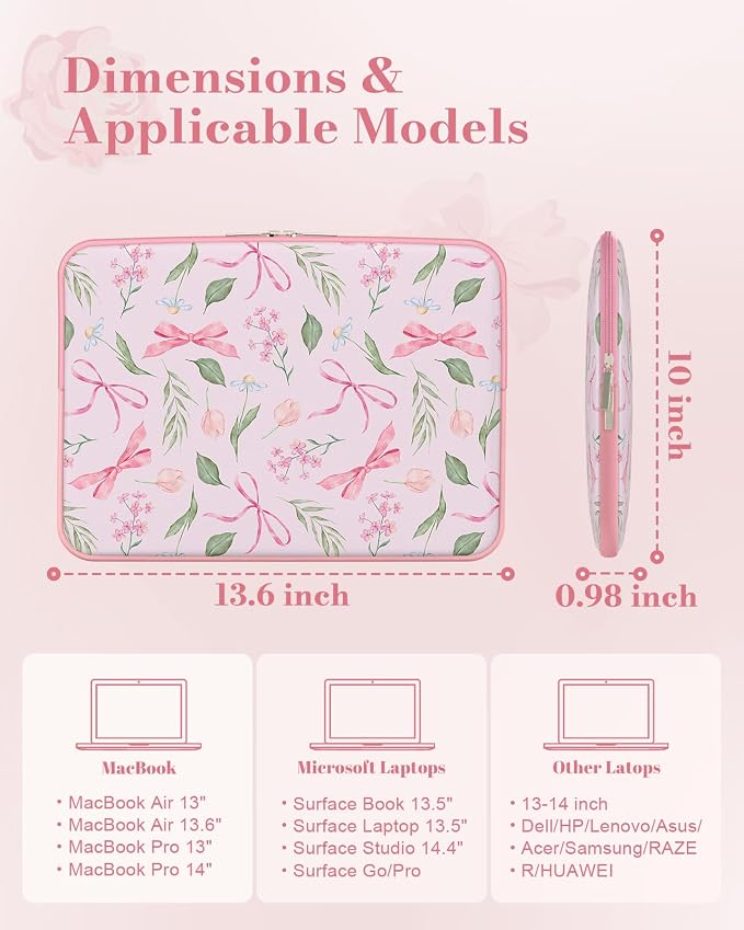 iCasso Laptop Sleeve 13 inch for MacBook Air 13-13.6 inch,Cute Laptop case for MacBook Neo/Pro 13 inch, Slim Protective Travel Carrying Case Sleeve for 14 inch Chromebook, HP, Flower Bow Pink