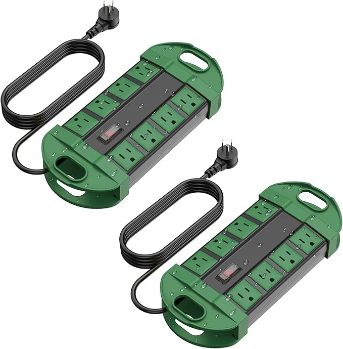 CCCEI 2 Outdoor Power Strips Weatherproof with 8 Plug, Waterproof Extension Cord with Multiple Outlets, Christmas Exterior Garden Yard Surge Protector 6FT, Green.
