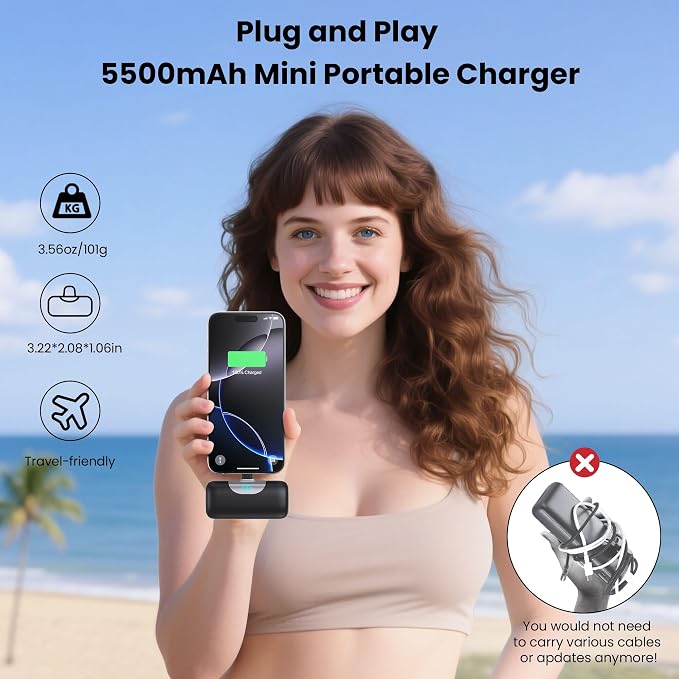 [2-Pack]Mini Portable Charger for iPhone 17, 5500mAh LCD Display USB C Power Bank,Fast Phone Charging Travel Pocket Size Battery Pack for iPhone 17/17 Pro/17 Pro Max/16/15 Series,Android(Black+Pink)