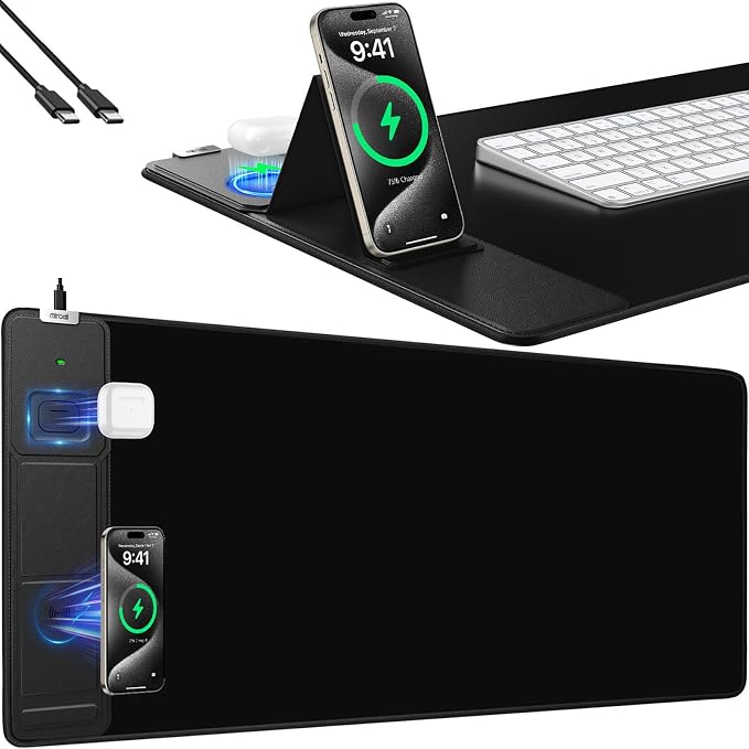 Mouse Pad with Foldable Phone Holder, Wireless Charging Desk Mat 31.5x15.75 Mousepad with Superior Micro-Weave Cloth Non-Slip Waterproof Desk Pad (Black)