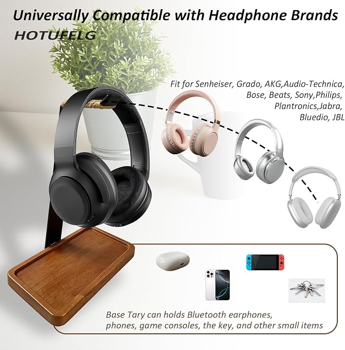 2-in-1 Solid Wood Headphone Stand Universal Headphones Holder with Storage Base Heavy Duty Solid Wood Gaming Headset Hanger for Study Rooms,Game Space,Desk,Office,Vintage Gift for Men(Rope Wrapped Top)